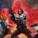 An image of the Winter Soldier in the center alongside Hawkeye (far-left), Black Widow (left of center), and Captain America (far-right).